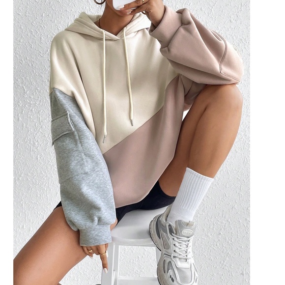 Cozy Color Block pockets Loose Fit Hoodie Sweatshirt Top - Picture 6 of 8